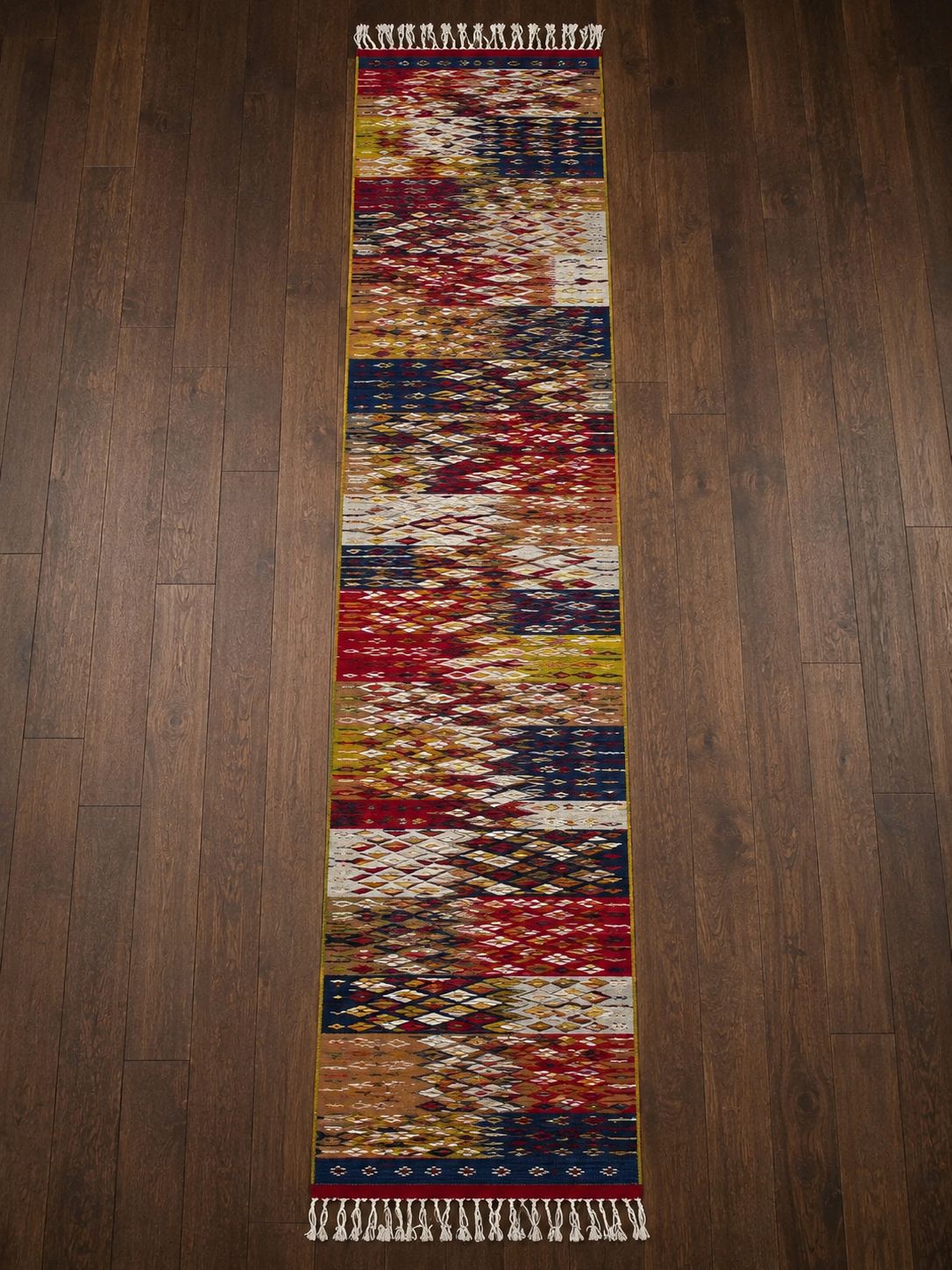 Zemmour Rainbow Diamond Kilim Runner. Zemour, c. 1965–1985. 65 × 420 cm.