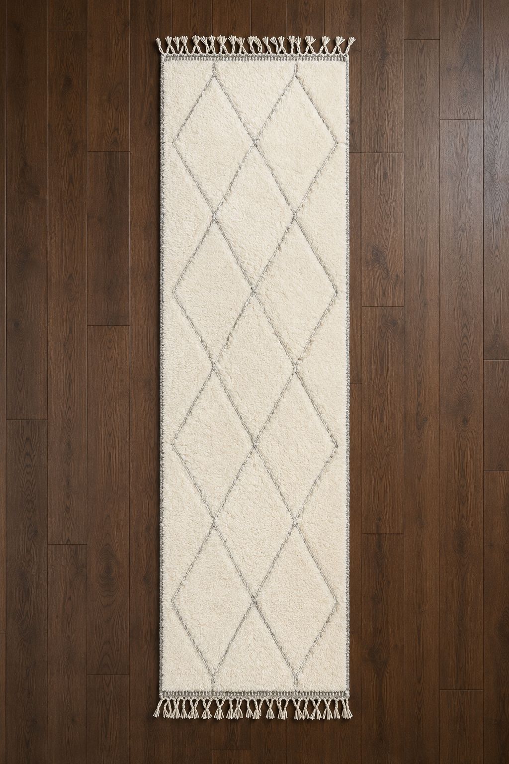 Beni Ourain Ivory Narrow Diamond Runner. Beni Ourain, c. 2015–2024. 65 × 330 cm.
